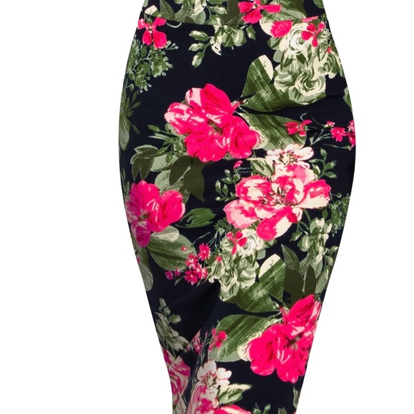Black and Pink Floral Midi Pencil Skirt for Cocktail - Picture 1 of 3
